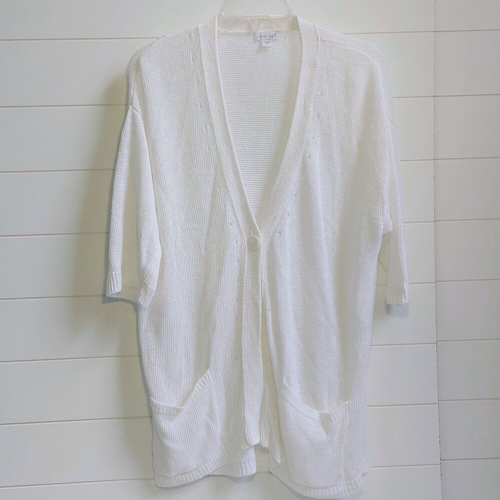 J Jill Love Linen 1-Button Cardigan Women's Medium Short Sleeve Pockets
